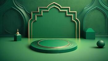 Green soft pastel podium ramadhan Background. islamic ornament on green Carpet Background. photo