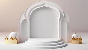 White soft pastel podium islamic Background. ramadhan ornament on White soft Carpet Background. photo