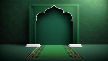 Green soft pastel podium ramadhan Background. islamic ornament on green Carpet Background. photo