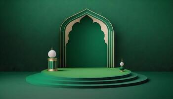 verde suave pastel podio ramadhan antecedentes. islámico ornamento en verde alfombra antecedentes. generativo ai foto