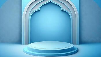 Blue soft pastel podium islamic Background. ramadhan ornament on blue soft Carpet Background. photo