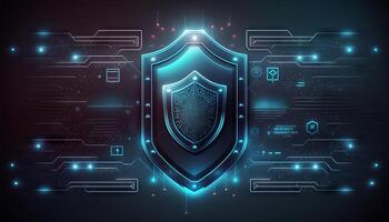 Abstract technology circuit board background with shield symbols concept of data protection and cyber privacy. photo