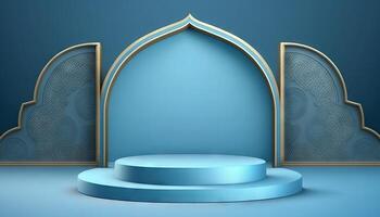 Blue soft pastel podium islamic Background. ramadhan ornament on blue soft Carpet Background. photo