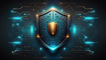 Abstract technology circuit board background with shield symbols concept of data protection and cyber privacy. photo