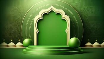 Green soft pastel podium ramadhan Background. islamic ornament on green Carpet Background. photo