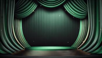 Green soft pastel Curtain Stage Award Background. Trophy on green Carpet pastel Background. photo