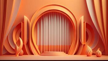 orange soft pastel Curtain Stage Award Background. Trophy on orange Carpet pastel Background. photo