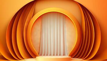 orange soft pastel Curtain Stage Award Background. Trophy on orange Carpet pastel Background. photo