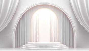 White soft pastel Curtain Stage Award Background. Trophy on White Carpet pastel Background. photo