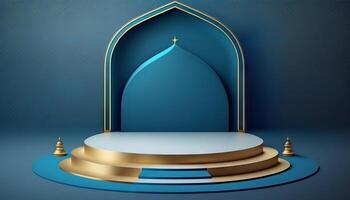 Blue soft pastel podium islamic Background. ramadhan ornament on blue soft Carpet Background. photo