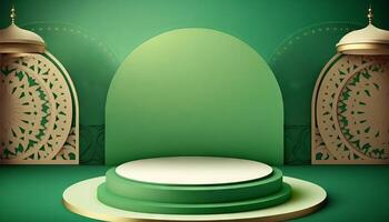 Green soft pastel podium ramadhan Background. islamic ornament on green Carpet Background. photo