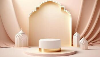 White soft pastel podium islamic Background. ramadhan ornament on White soft Carpet Background. photo