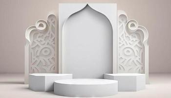 White soft pastel podium islamic Background. ramadhan ornament on White soft Carpet Background. Modern Abstract Design Template photo