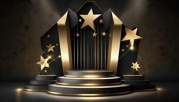 Award ceremony background with podium and 3d gold star element. photo