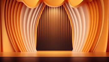 orange soft pastel Curtain Stage Award Background. Trophy on orange Carpet pastel Background. photo