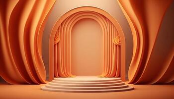 orange soft pastel Curtain Stage Award Background. Trophy on orange Carpet pastel Background. photo