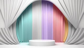 White soft pastel Curtain Stage Award Background. Trophy on White Carpet pastel Background. photo