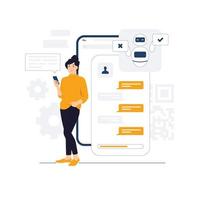 Chat bot messenger ai applications, online bot answer to people question, chat with bot on smart phone concept illustration vector