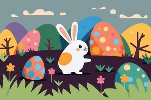 Bunny And Easter Eggs Cartoon. Easter Bunny, Easter Rabbit, Easter Hare Concept. photo