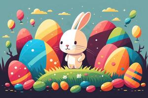 Happy Bunny And Easter Eggs Cartoon. Easter Bunny, Easter Rabbit, Easter Hare Concept. photo