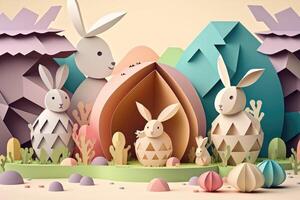 Paper Art Happy Bunny And Easter Eggs Cartoon. Easter Bunny, Easter Rabbit, Easter Hare Concept. photo