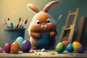 Oil Painting Happy Bunny And Easter Eggs Cartoon. Easter Bunny, Easter Rabbit, Easter Hare Concept. photo