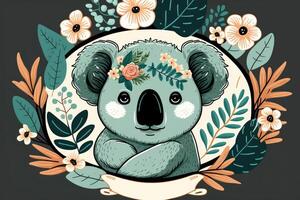 Koala face cartoon with floral. photo