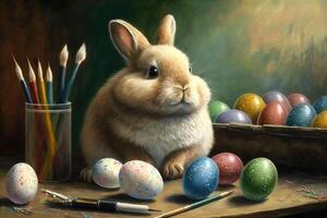 Oil Painting Happy Bunny And Easter Eggs Cartoon. Easter Bunny, Easter Rabbit, Easter Hare Concept. photo