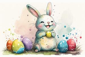 Watercolor Painting Happy Bunny And Easter Eggs Cartoon. Easter Bunny, Easter Rabbit, Easter Hare Concept. photo