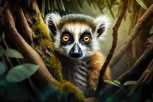 Lemur in forest. Wild animal. AI Generated photo