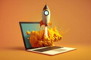 Rocket coming out of laptop screen on yellow background. photo