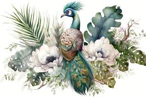 ai generado acuarela pintura tropical palma hoja ramas y flores con un blanco pavo real pájaro. foto