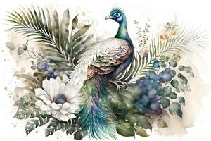 ai generado acuarela pintura tropical palma hoja ramas y flores con un blanco pavo real pájaro. foto