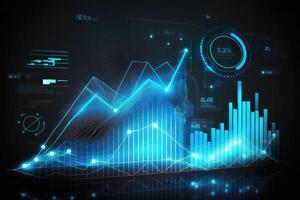 Business economic charts with light effects, growth and fall analytics. Glow in the dark blue background. photo