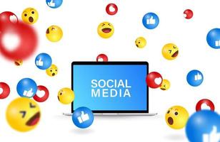 Falling social media emoji, laptop vector illustration .Computer screen and social media icons and emoji symbols falling communication visuals.