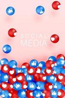 Like and thumbs up icons falling on pink background. 3d social network symbol. Counter notification icons. Social media elements. Emoji reactions. Vector illustration