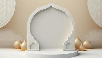 White soft pastel podium islamic Background. ramadhan ornament on White soft Carpet Background. Modern Abstract Design Template photo