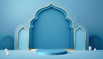 Blue soft pastel podium islamic Background. ramadhan ornament on blue soft Carpet Background. photo