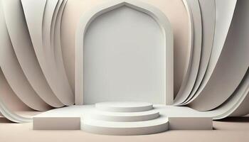 White soft pastel podium islamic Background. ramadhan ornament on White soft Carpet Background. photo