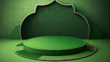 Green soft pastel podium ramadhan Background. islamic ornament on green Carpet Background. photo