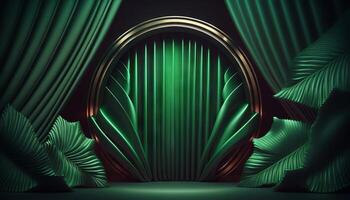 Green soft pastel Curtain Stage Award Background. Trophy on green Carpet pastel Background. photo