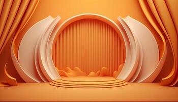 orange soft pastel Curtain Stage Award Background. Trophy on orange Carpet pastel Background. photo
