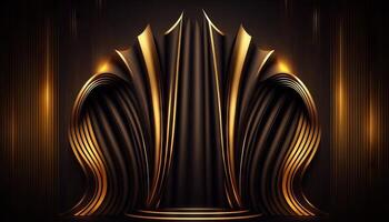 Black Golden Curtain Stage Award Background. Trophy on Red Carpet Luxury Background. photo