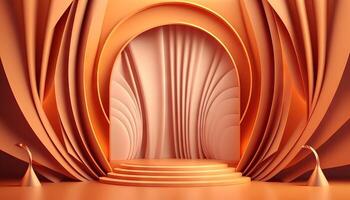 orange soft pastel Curtain Stage Award Background. Trophy on orange Carpet pastel Background. photo