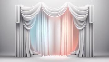 White soft pastel Curtain Stage Award Background. Trophy on White Carpet pastel Background. photo