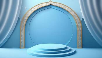 Blue soft pastel podium islamic Background. ramadhan ornament on blue soft Carpet Background. photo