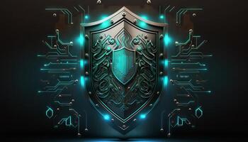 Abstract technology circuit board background with shield symbols concept of data protection and cyber privacy. photo