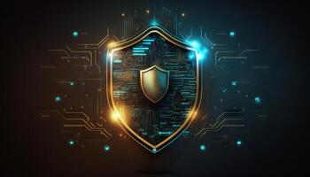 Abstract technology circuit board background with shield symbols concept of data protection and cyber privacy. photo