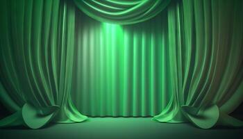 Green soft pastel Curtain Stage Award Background. Trophy on green Carpet pastel Background. photo