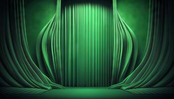 Green soft pastel Curtain Stage Award Background. Trophy on green Carpet pastel Background. photo